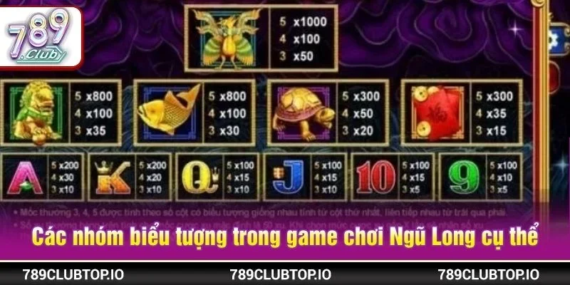 Các nhóm biểu tượng trong game chơi Ngũ Long rất cụ thể