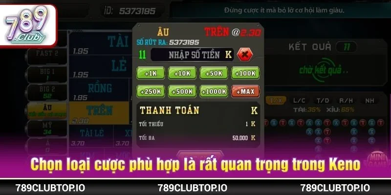 Việc lựa chọn loại cược phù hợp là rất quan trọng trong ván chơi Keno