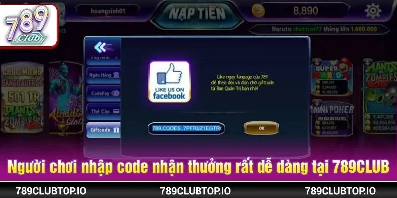 Người chơi có thể nhập code nhận thưởng rất dễ dàng tại 789CLUB